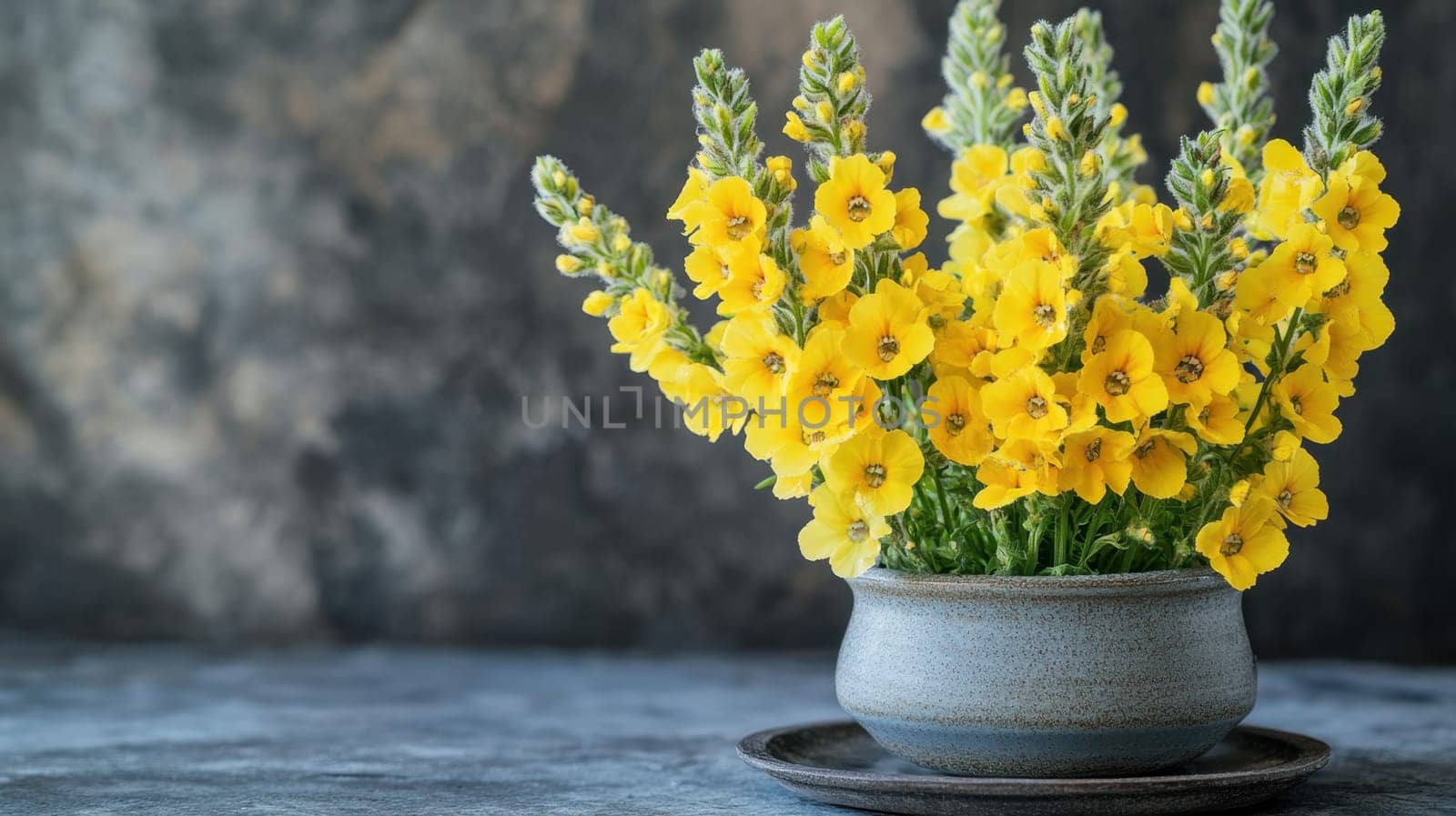 A ceramic pot holds vibrant yellow flowers adding a splash of color to a rustic table. The background features a textured surface.