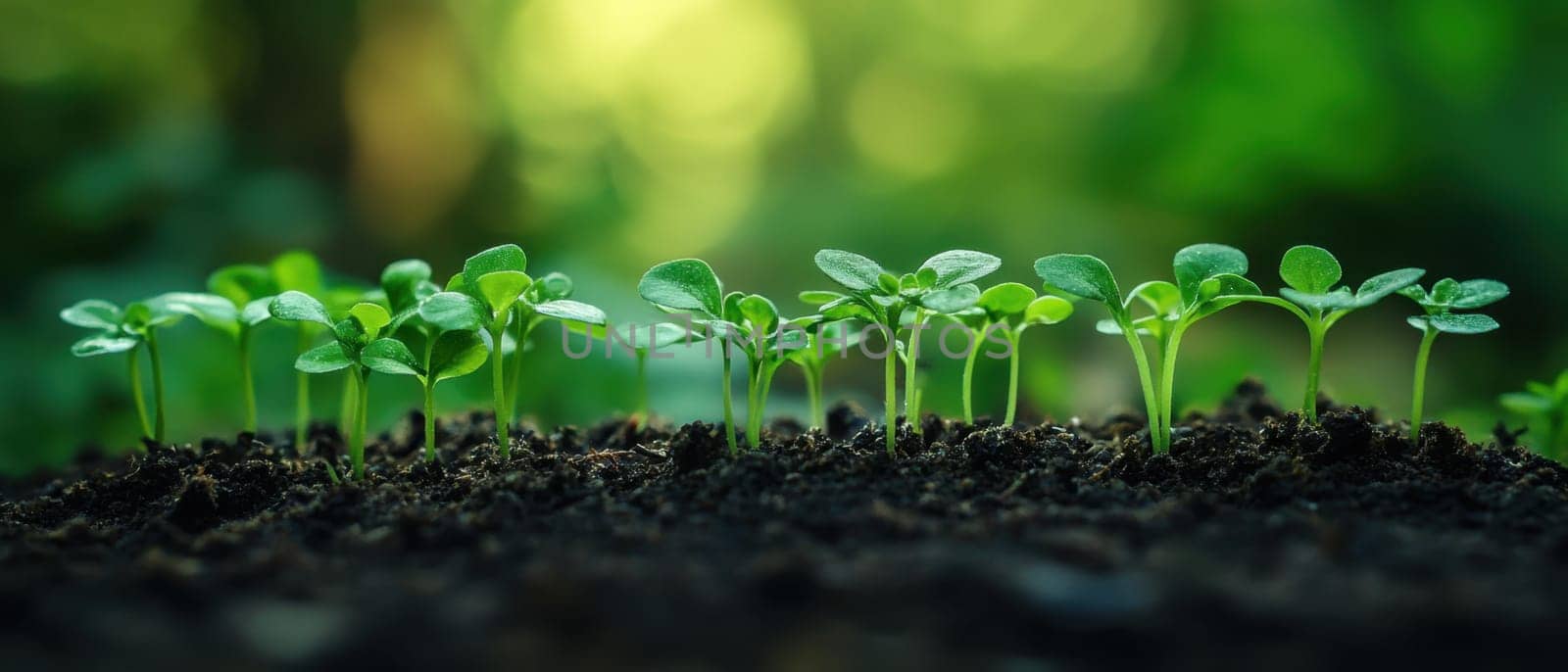 Small seedlings emerge from rich soil basking in warm sunlight amidst a vibrant green background signaling the arrival of spring.