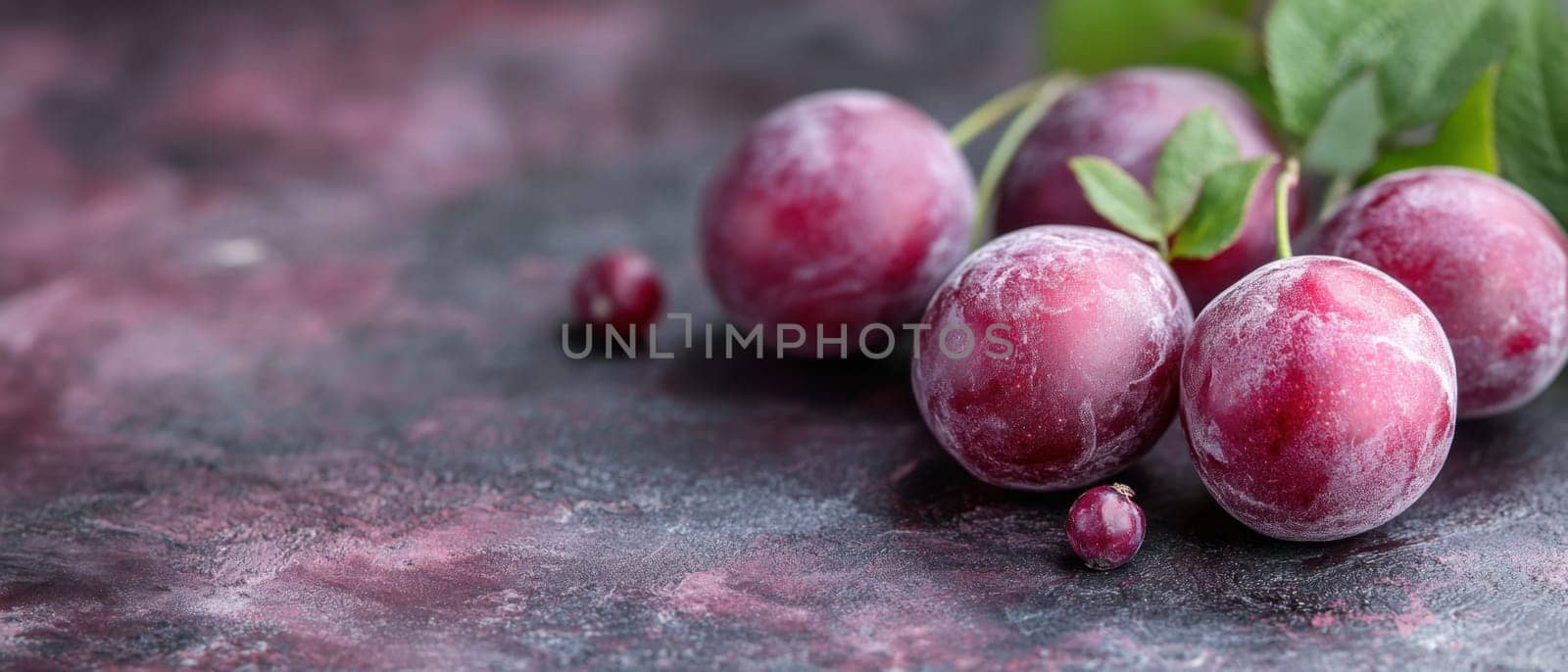 A cluster of fresh ripe plums sits on a textured rustic table showcasing vibrant colors and a hint of condensation.