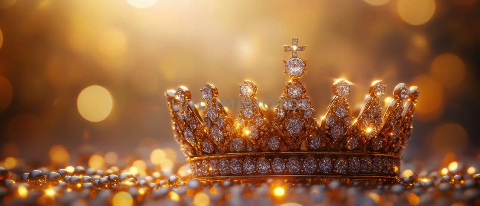 The majestic crown glistens with diamonds and jewels under warm light creating a regal ambiance fit for royalty.