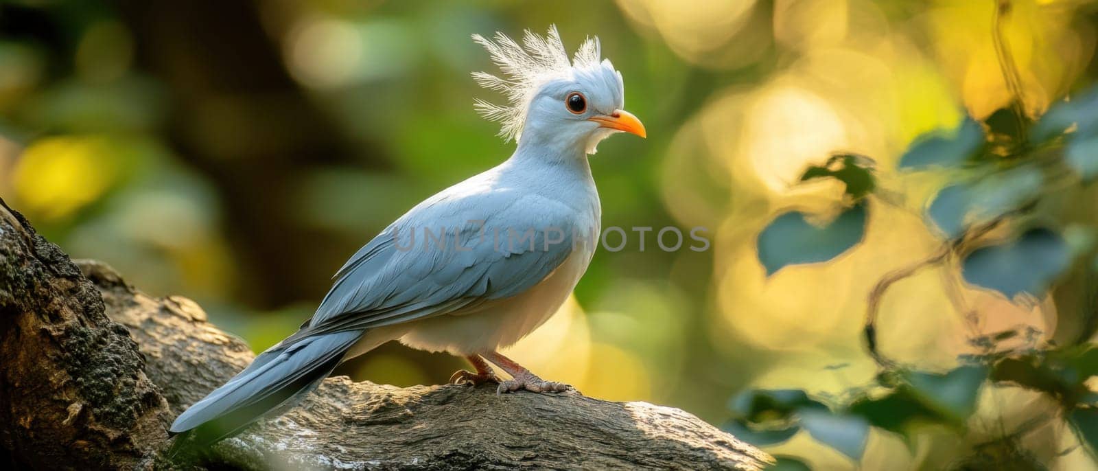 A striking blue bird with a unique crest rests on a tree branch surrounded by vibrant foliage during daylight.