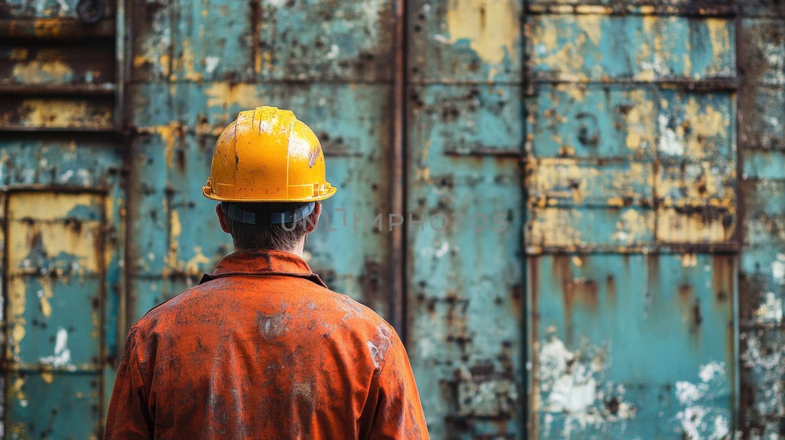 A worker in an orange jumpsuit and yellow hard hat stands before weathered cargo containers focusing on the rusted textures and colors.