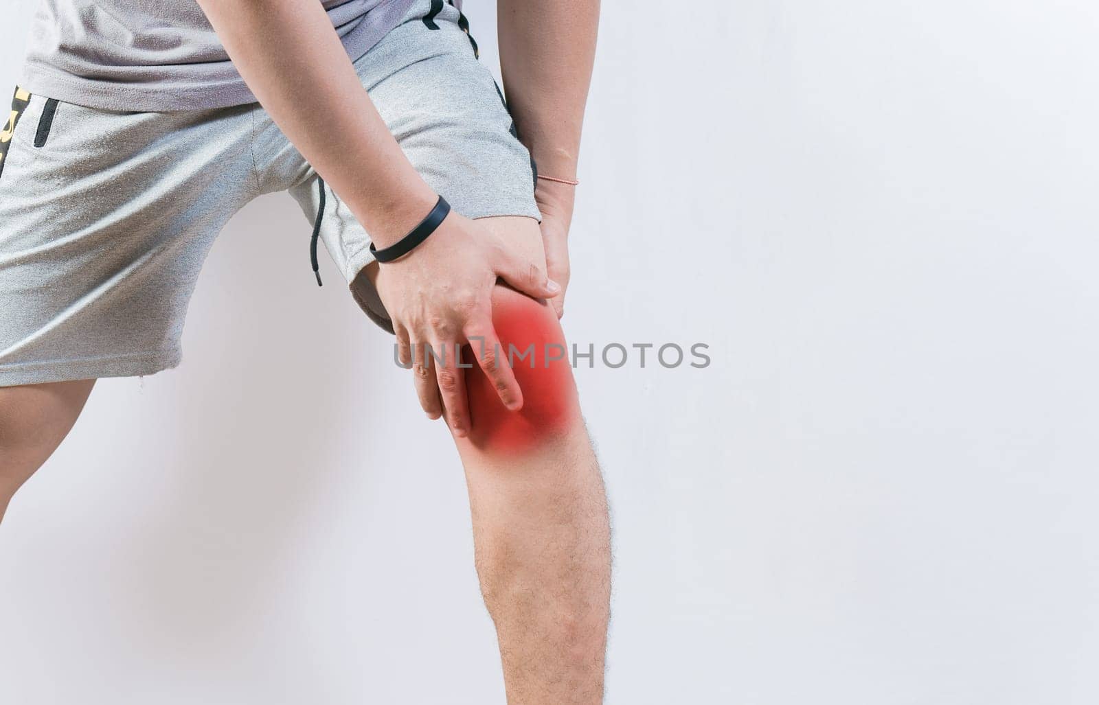 Medical problem of knee pain. Sore man with knee pain isolated. Person with knee pain isolated