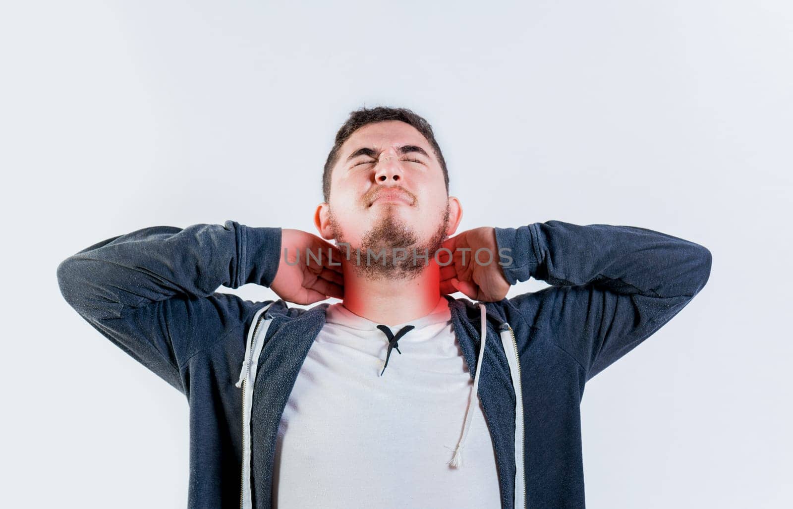 Sore person with neck pain isolated. Neck pain and stress concept