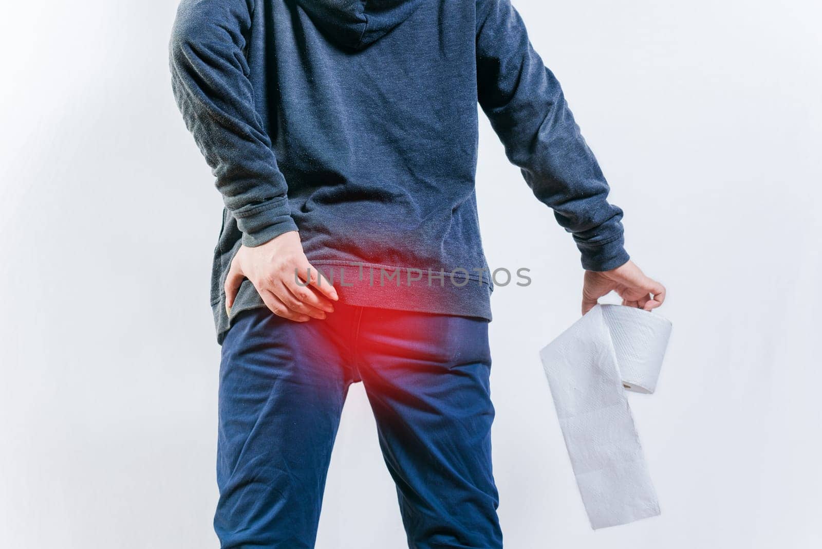 People with diarrhea problems, holding bathroom toilet paper isolated. Concept of person with diarhea holding toilet paper