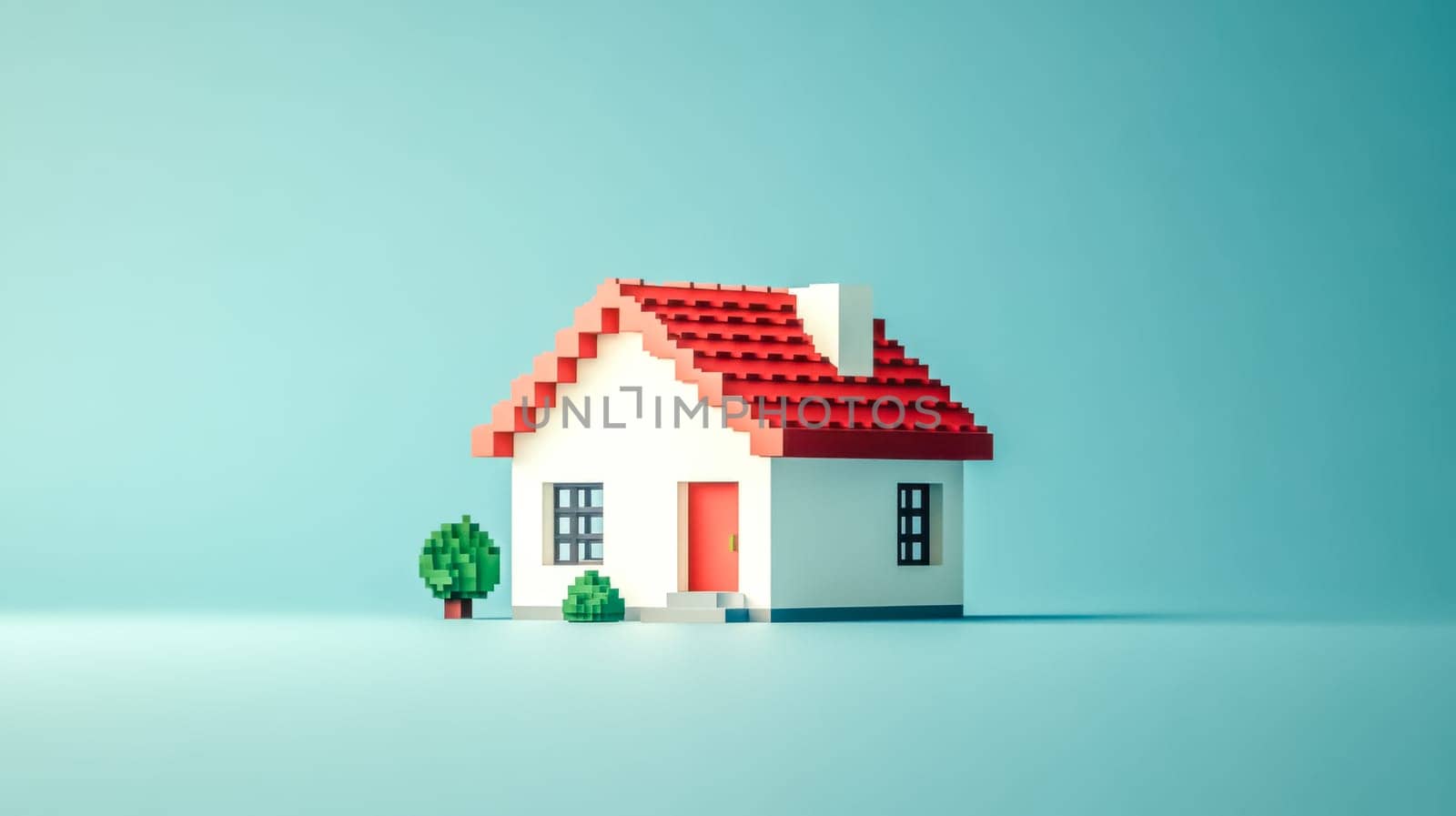Charming pixel art house against a serene blue background, perfect for real estate and architecture themes