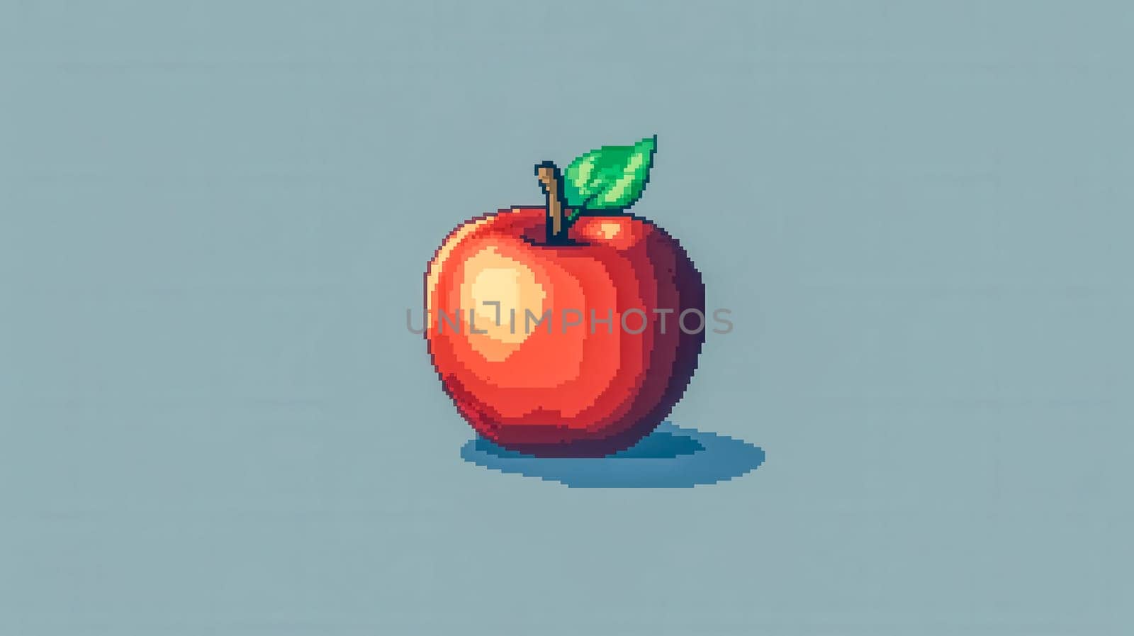 Retro pixel art apple on blue background, evoking old video games. Vibrant red fruit symbolizes health and freshness