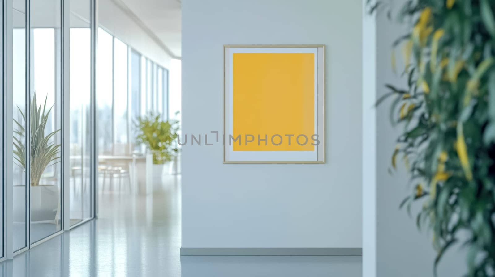 Modern and bright office interior is showing an empty frame hanging on a wall, perfect for displaying your message or design