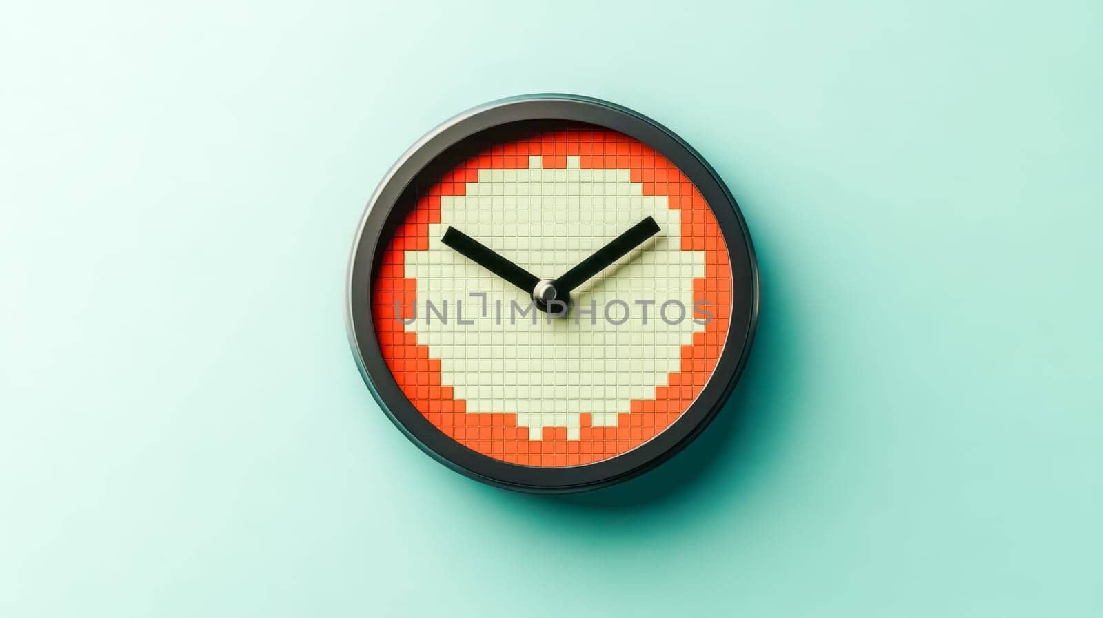 Pixelated clock is showing the time passing on a turquoise background. This image evokes the concepts of time, technology and nostalgia