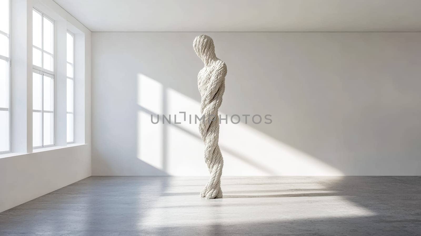 White modern art sculpture resembling a human figure is standing in a large bright empty gallery room with sunlight shining through the windows