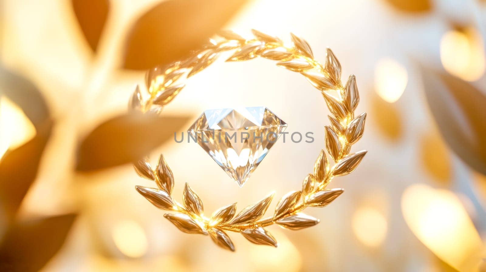 Sparkling diamond surrounded by a golden laurel wreath symbolizes victory and luxury, exuding wealth and success