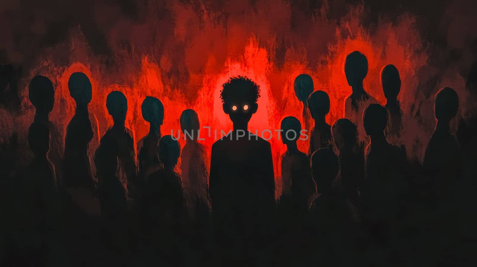 Mysterious figure with glowing eyes is standing in front of a crowd of people with a fiery red background. This illustration could be used for concepts such as evil, danger, and the supernatural