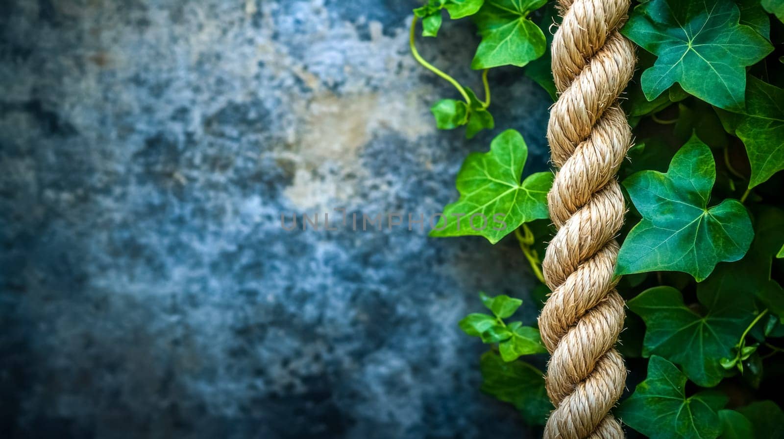 Thick hemp rope hangs on a weathered stone wall with lush green ivy, creating a rustic backdrop perfect for vintage designs