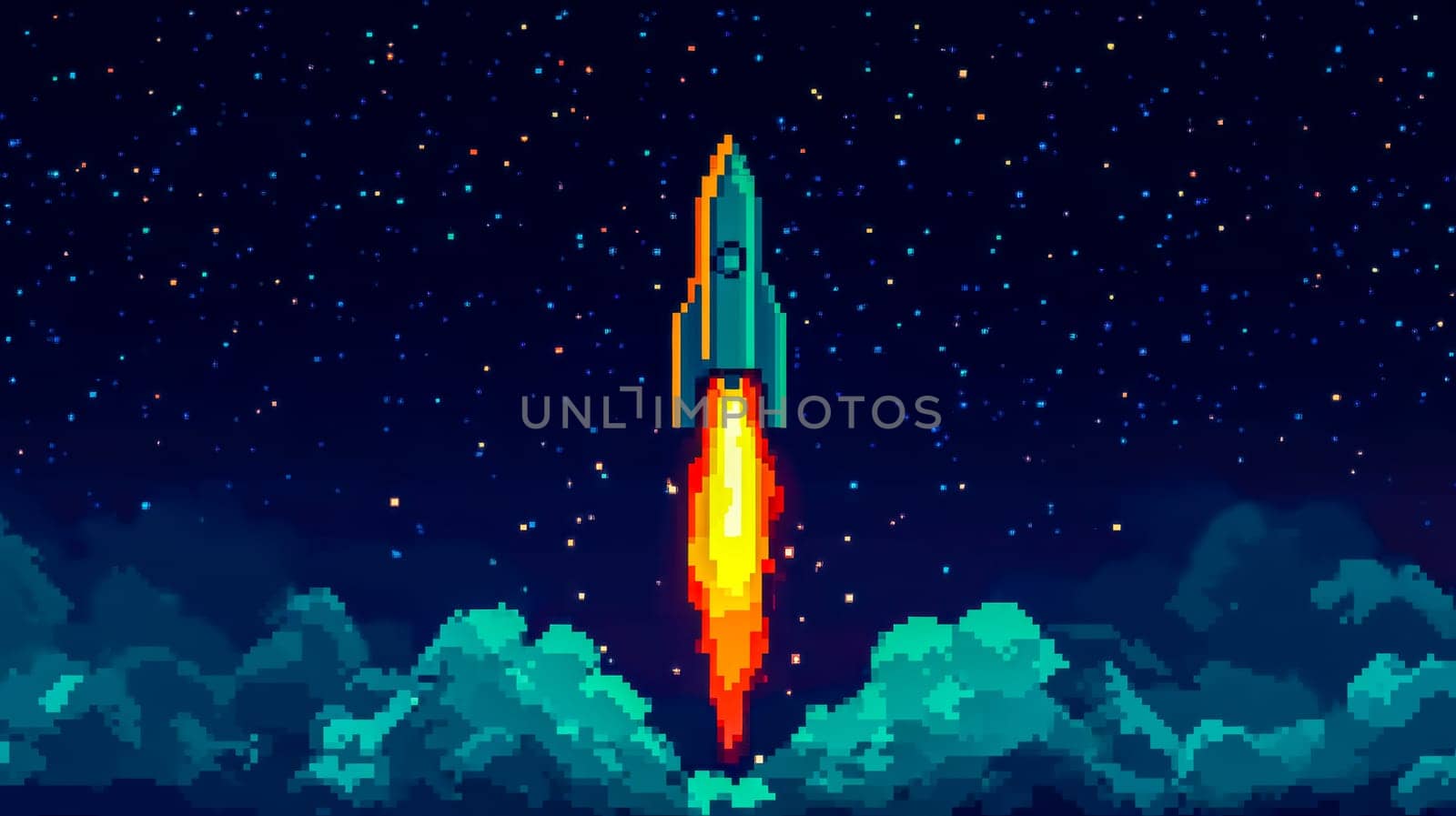 Pixel art spaceship launches into space, leaving a fiery trail in the night sky, evoking a retro arcade game vibe