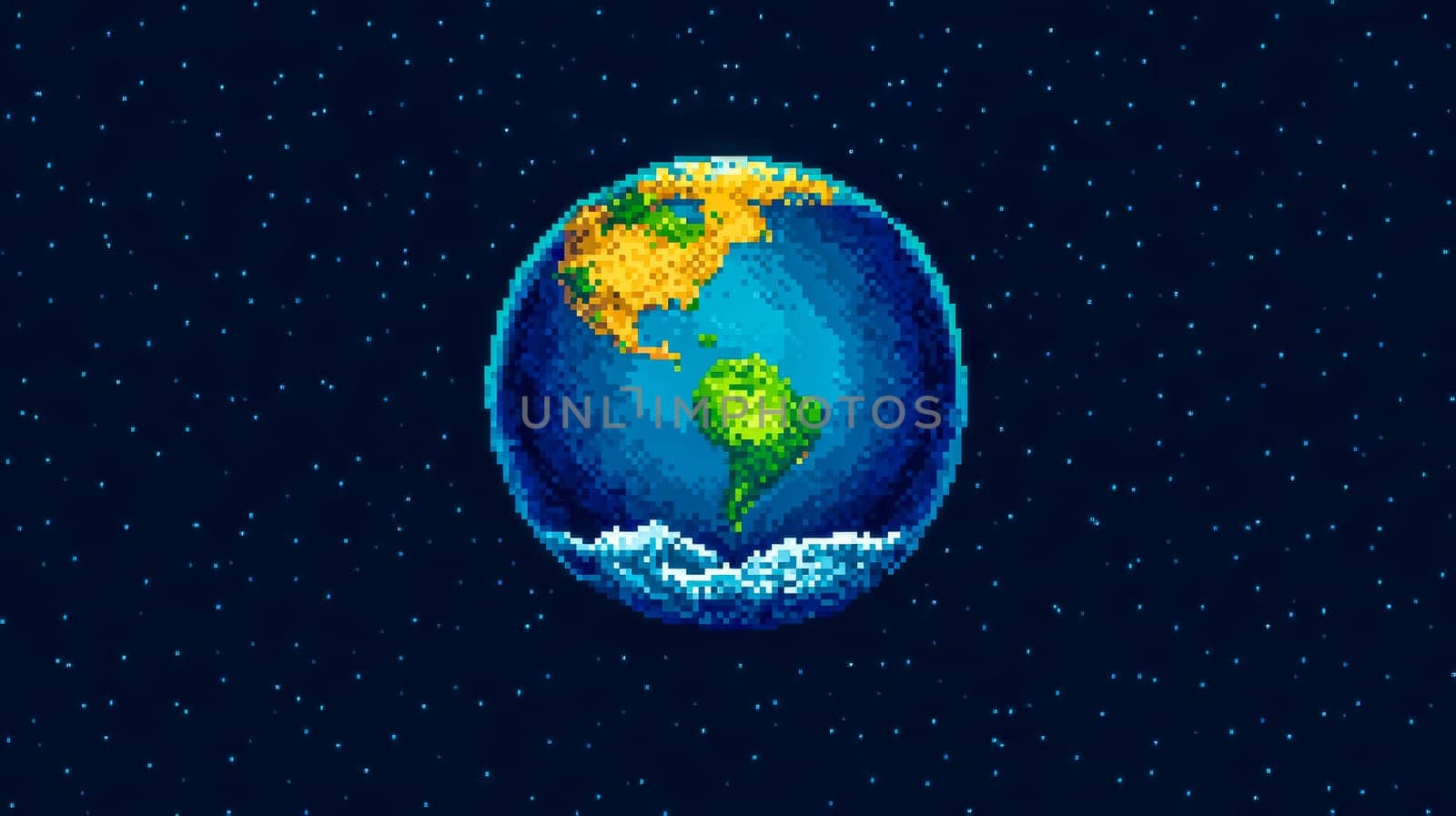Pixel art illustration of planet earth rotating in space, with stars in the background. Perfect for projects related to space, technology, and video games