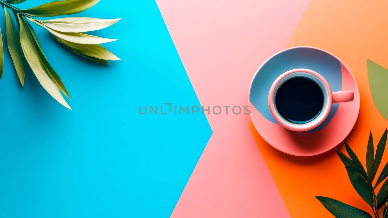 Steaming cup of coffee is surrounded by lush tropical leaves on a bright and colorful table, creating a vibrant and refreshing scene