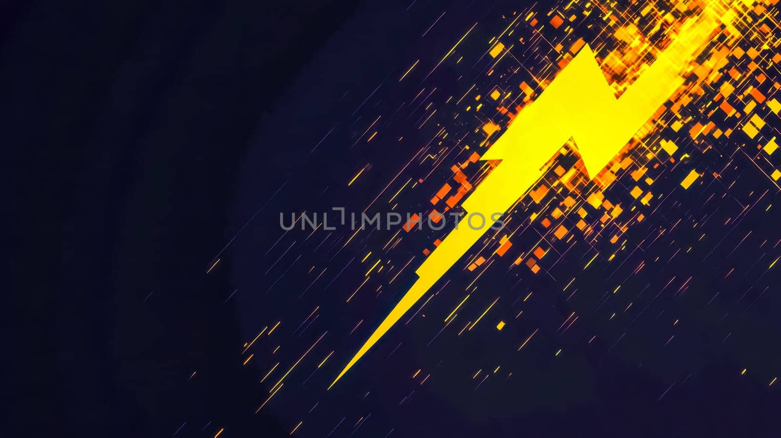 Bright yellow lightning bolt is surrounded by digital squares and streaks of light, creating a sense of energy and movement. The dark background adds to the dramatic effect