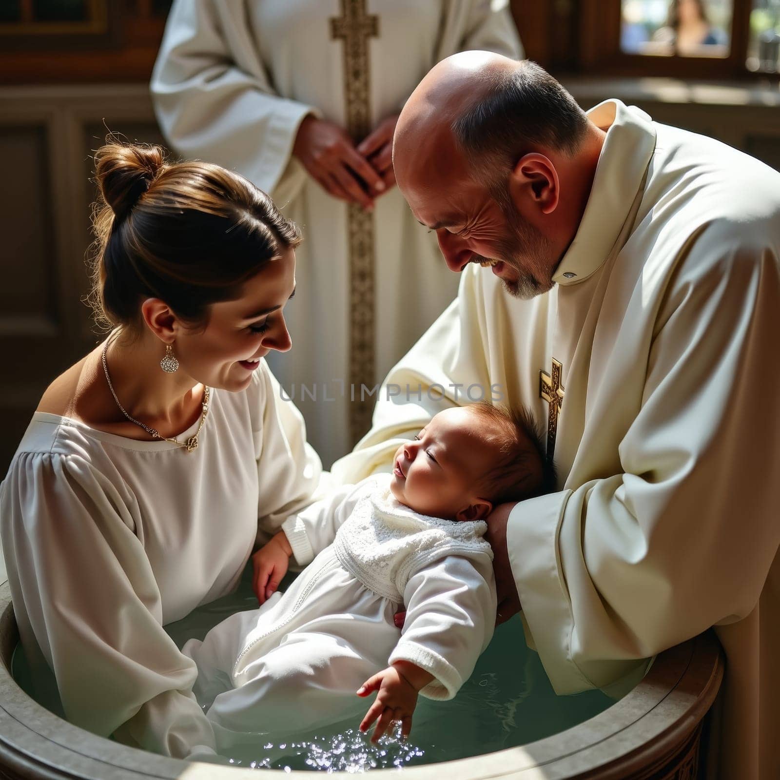 A smiling priest holds a baby over a baptismal font during a christening ceremony, with the mother looking on lovingly, in a traditional church setting.