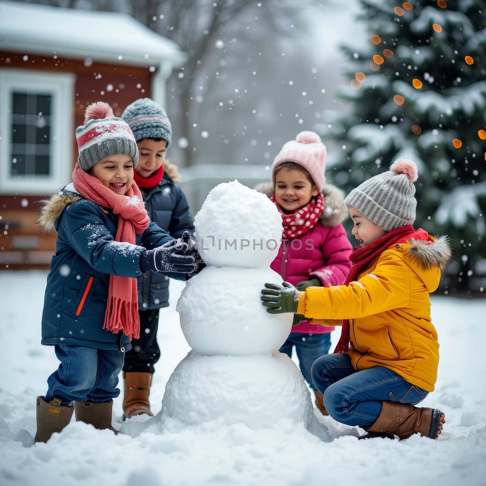 Four kids joyfully create a snowman in a snowy yard, surrounded by twinkling Christmas lights and falling snowflakes, embodying childhood winter fun.