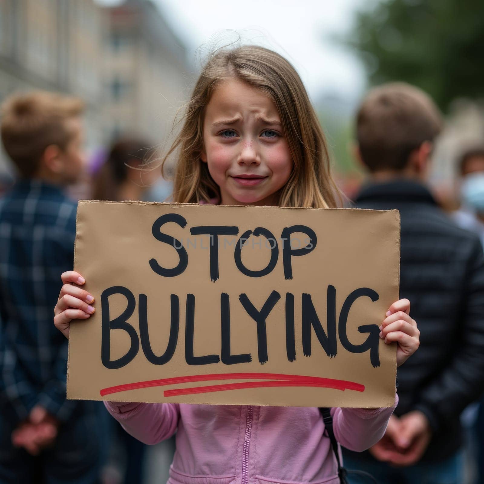 Emotional young girl holding a 'Stop Bullying' sign at a protest, her face conveying distress and determination against a blurred crowd background.