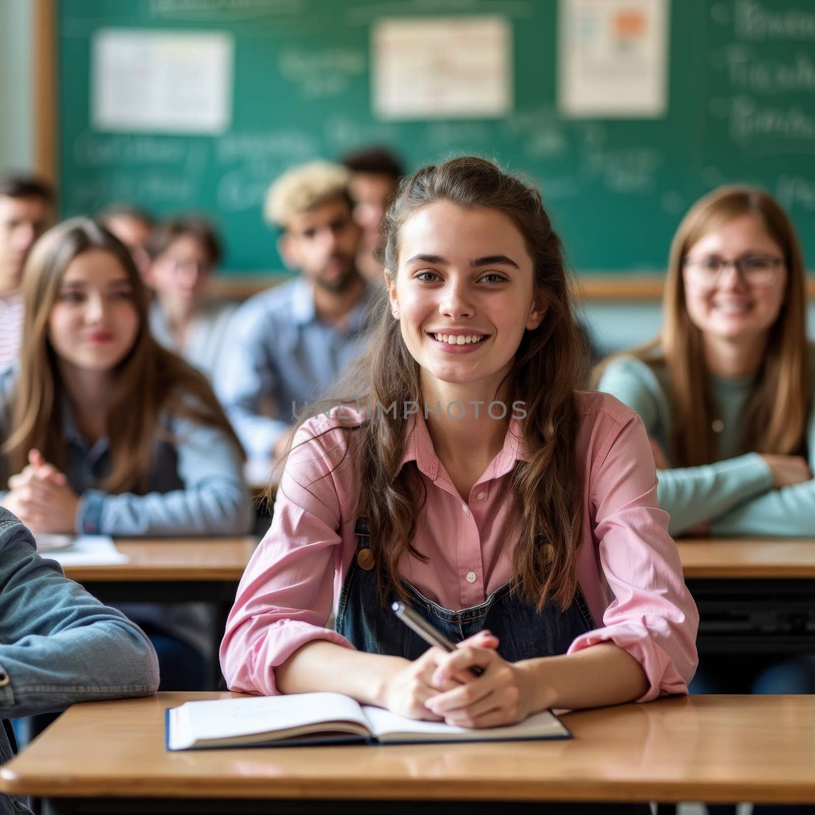 A cheerful young female student sits attentively in a classroom, surrounded by peers, with a bright smile conveying enthusiasm for learning.