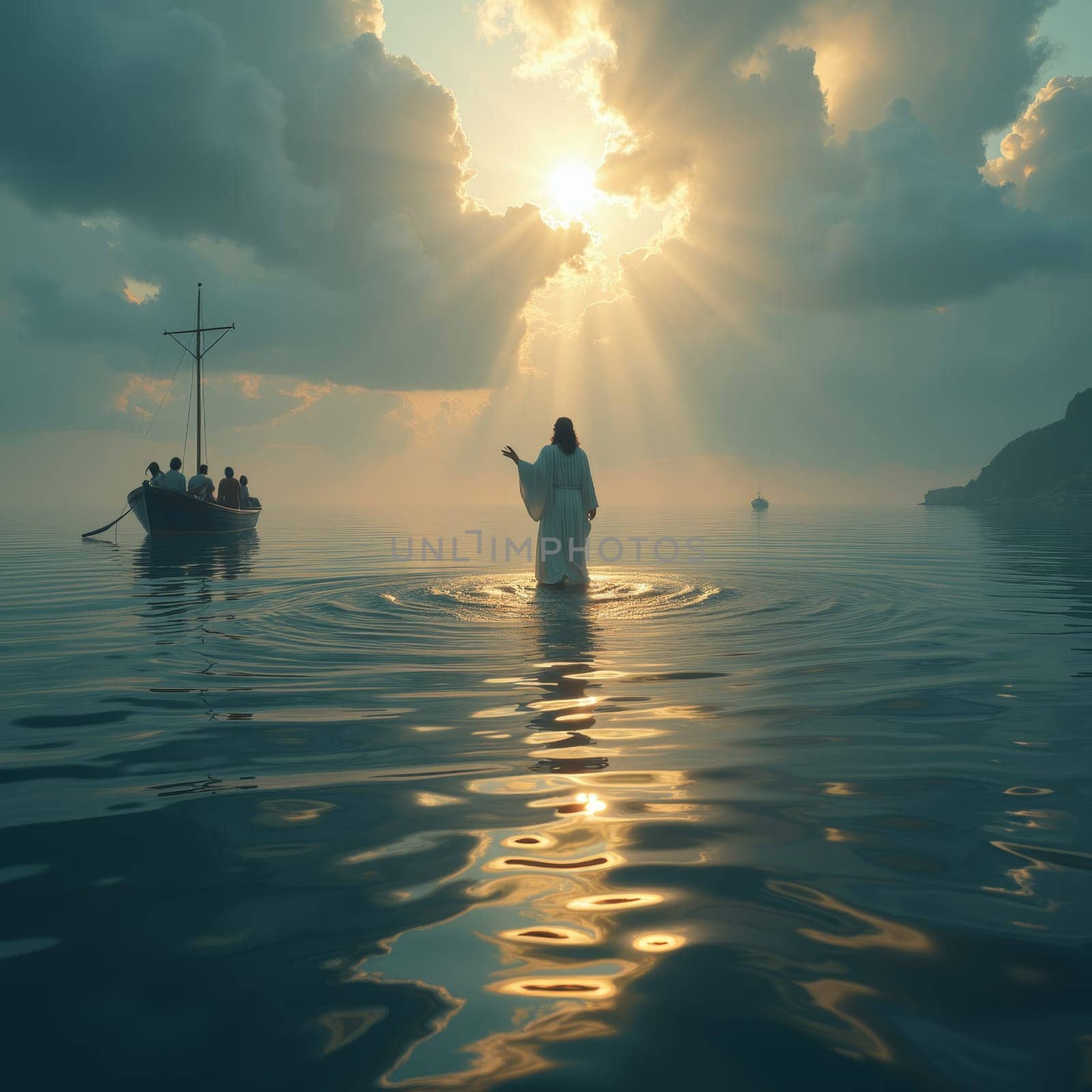 A serene depiction of a biblical scene with a Jesus Christ figure walking on water towards a boat of disciples, set against a dramatic sky with sunbeams breaking through clouds.