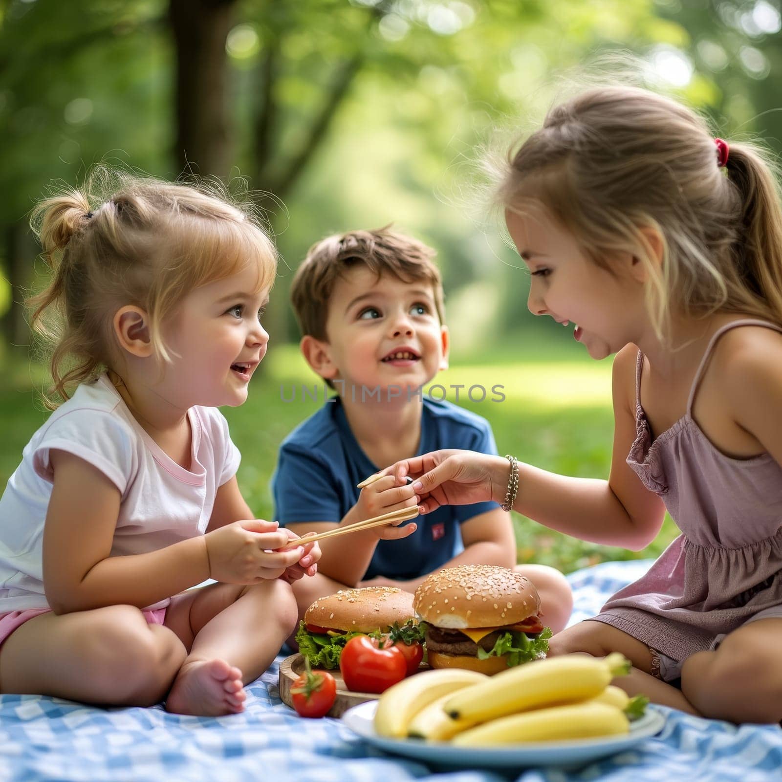 Three cheerful children enjoy a picnic in a lush park, sharing burgers and fruits while seated on a blue checkered blanket, surrounded by vibrant greenery.