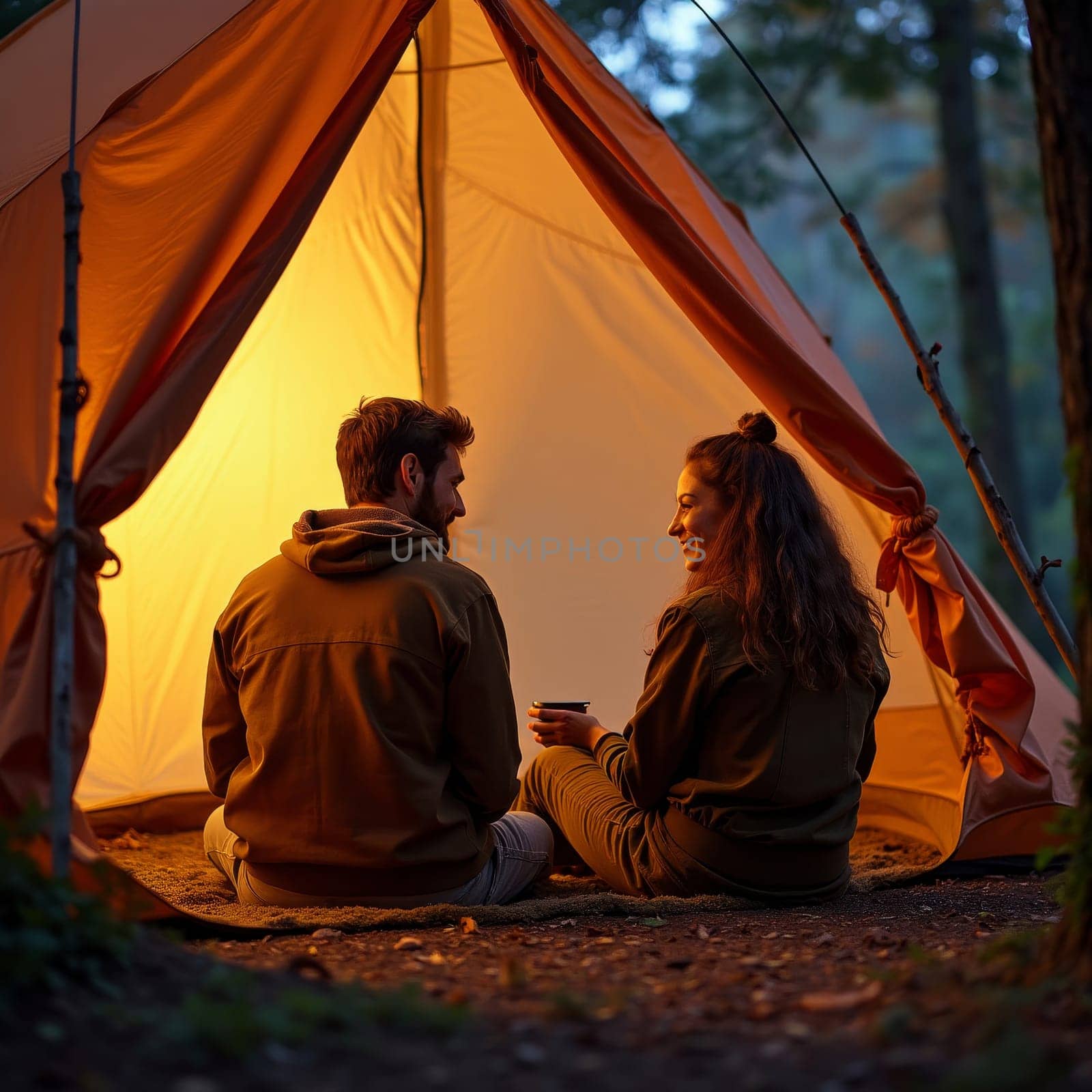 Romantic couple sitting at entrance of glowing tent in forest at dusk, sharing warm drink and intimate moment during camping trip.
