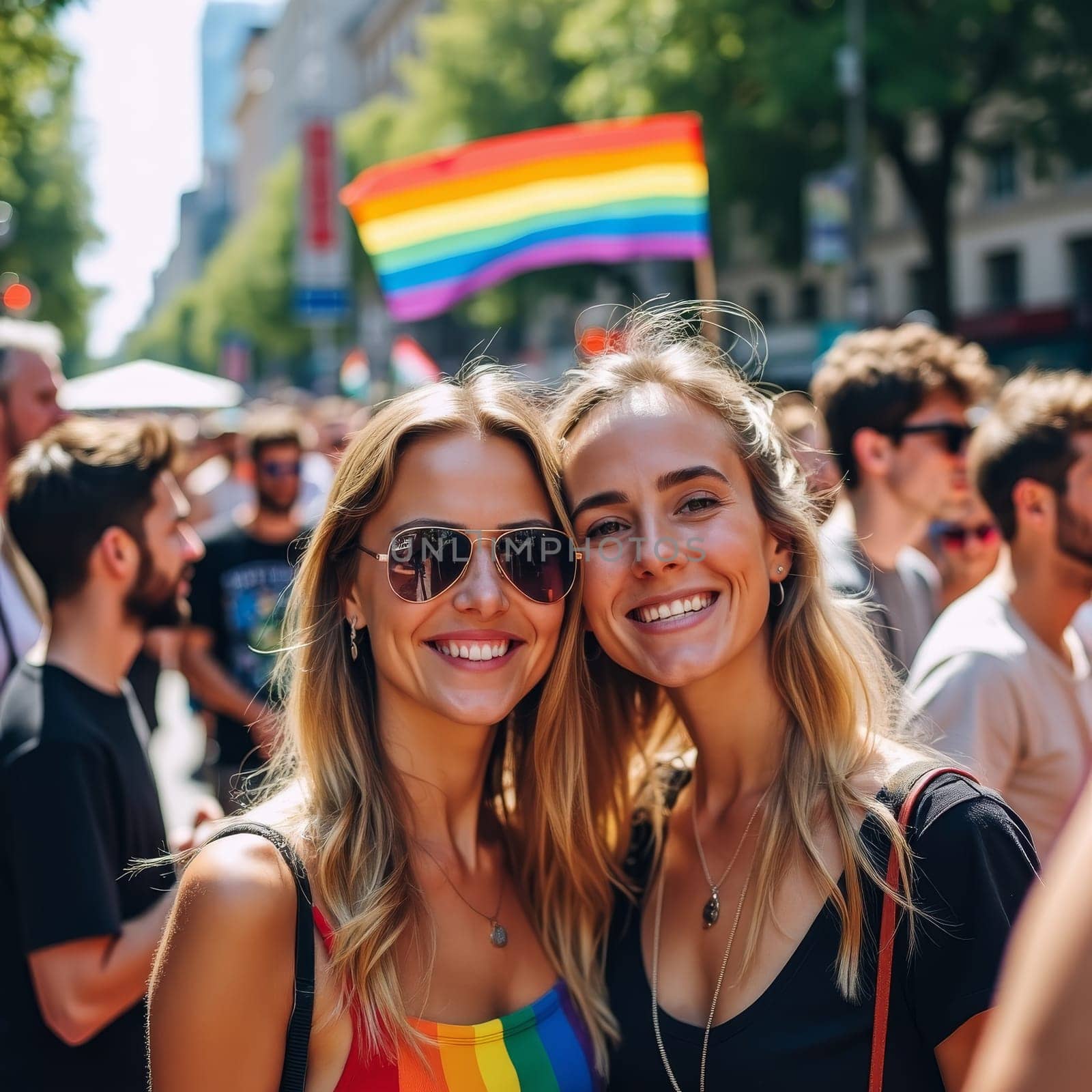 Two smiling women at a vibrant Pride parade, with rainbow flag in background, embodying joy and unity in LGBTQ community celebration.