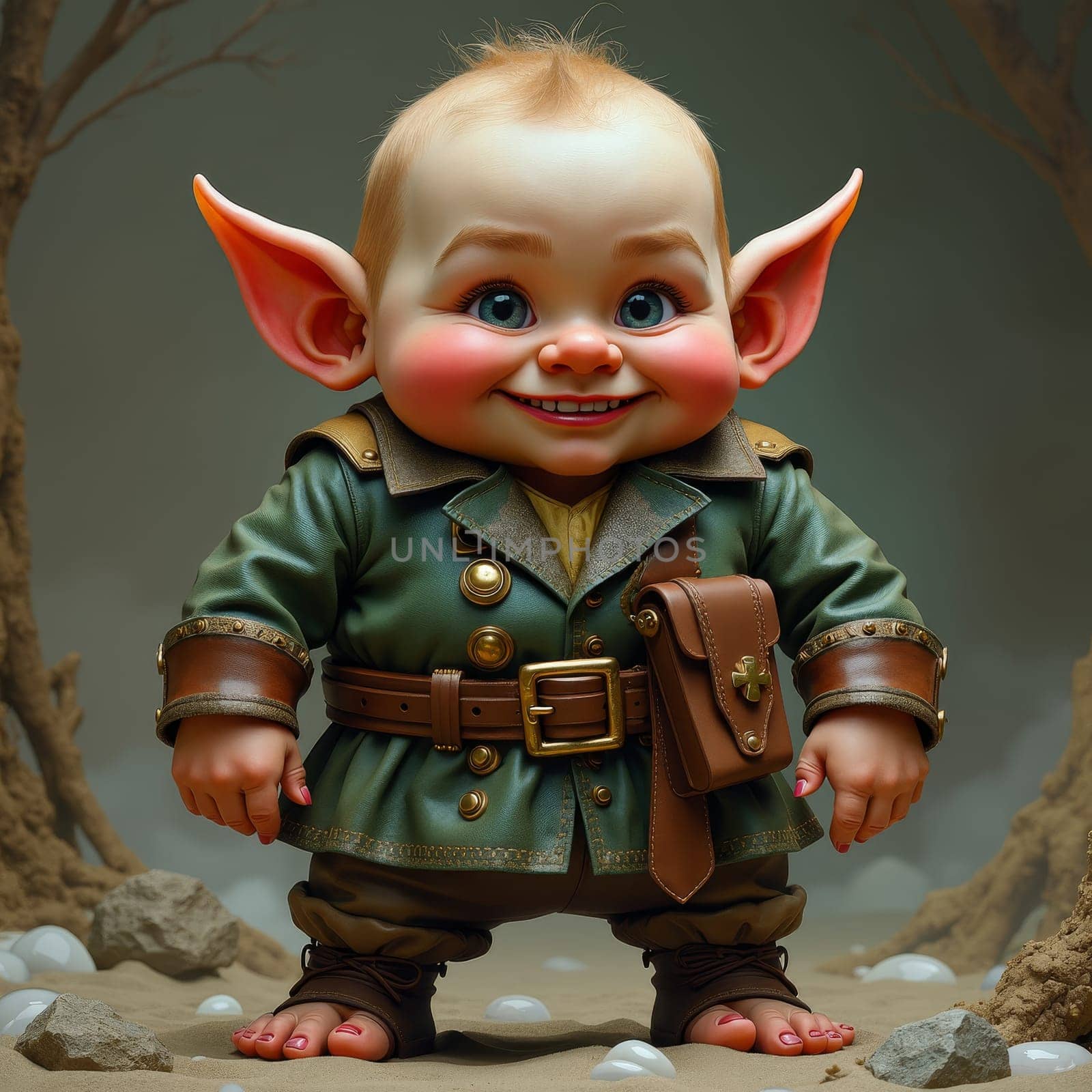 3D rendered image of a smiling baby elf character with pointed ears, wearing a green adventurer's outfit with leather accessories, set in a mystical environment.