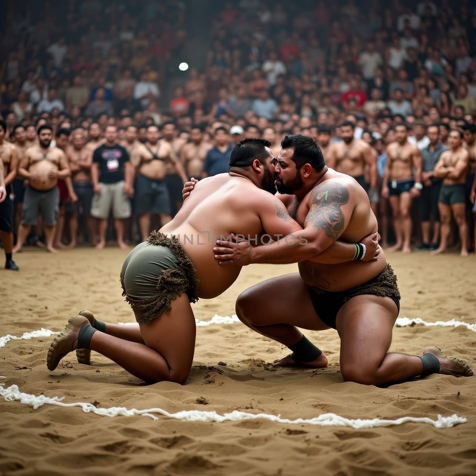Two muscular sumo wrestlers locked in intense combat on a sand ring, surrounded by a large crowd of spectators, showcasing strength and ancient tradition.