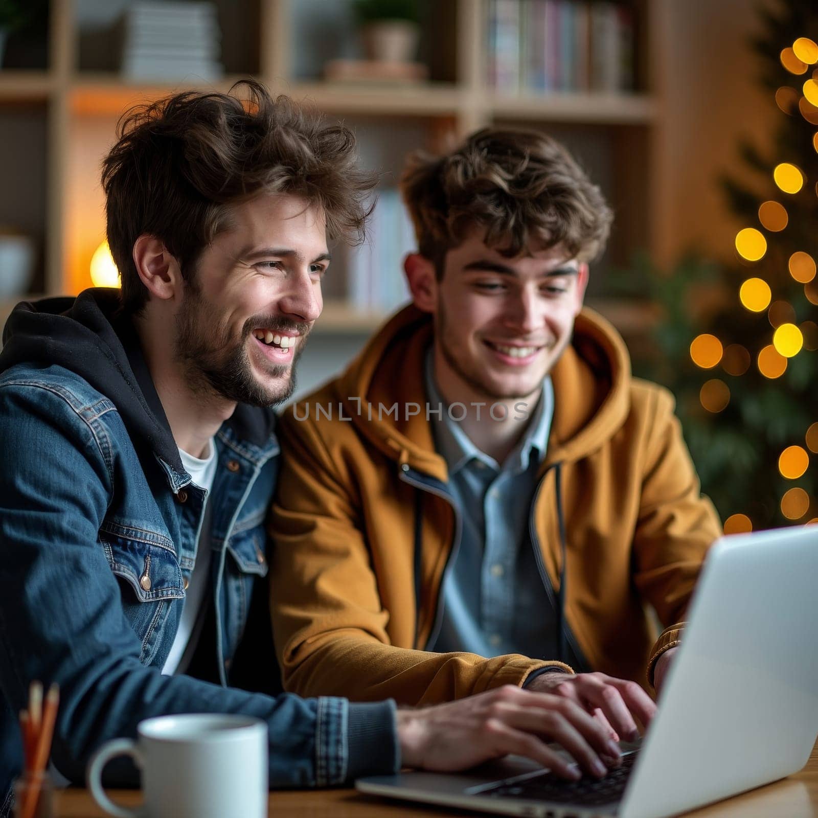 Two smiling young men in casual clothing working together on a laptop in cozy home environment with bookshelves and Christmas lights in background.