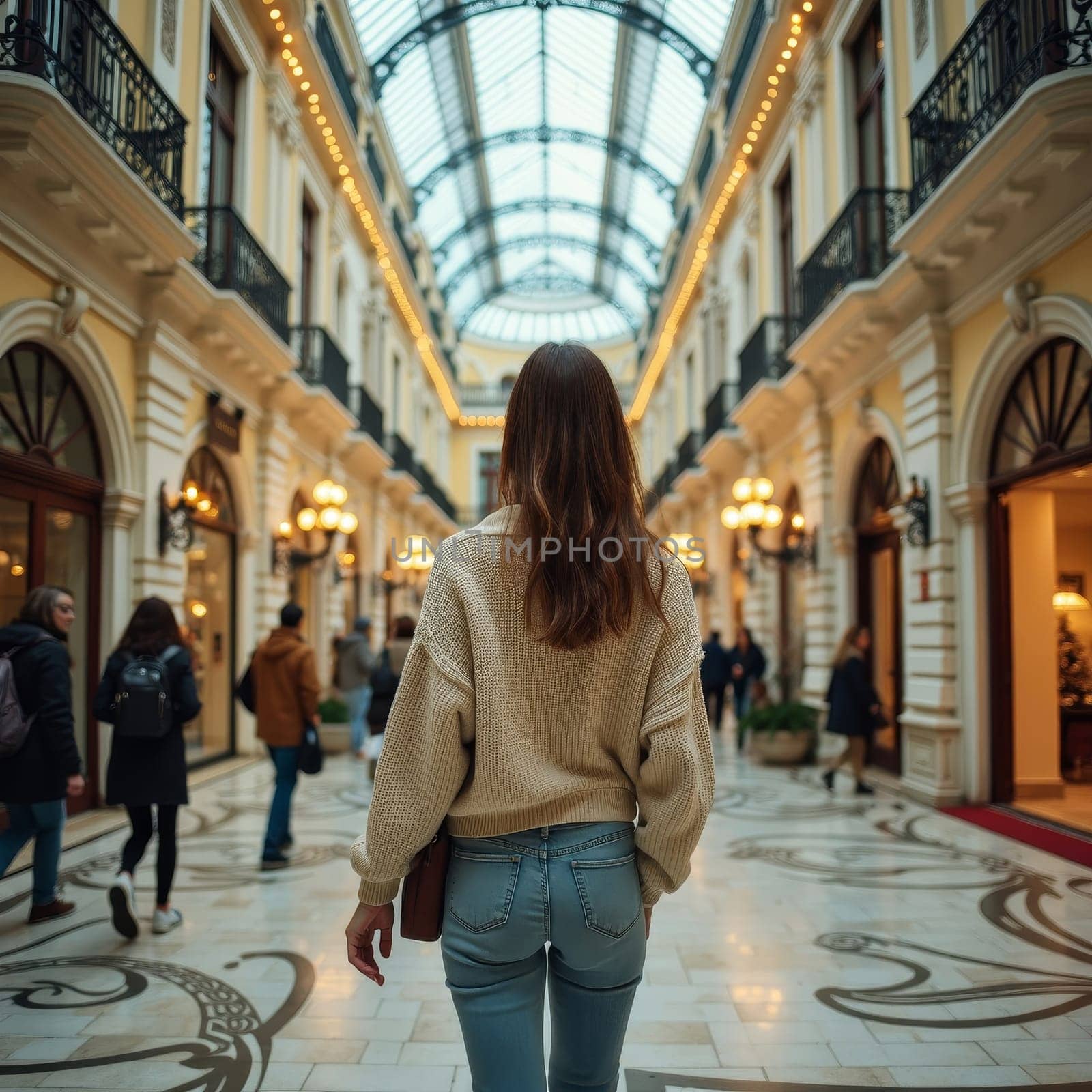 Rear view of young woman in sweater and jeans walking through ornate shopping arcade with glass ceiling and illuminated storefronts, capturing urban lifestyle.