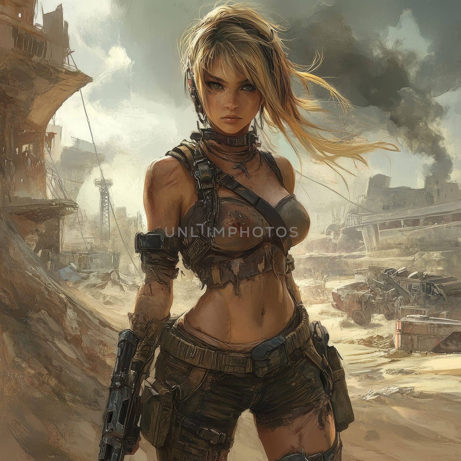 Strong female warrior with blonde hair and combat gear stands ready in a ruined cityscape, symbolizing strength and survival in a post apocalyptic setting.