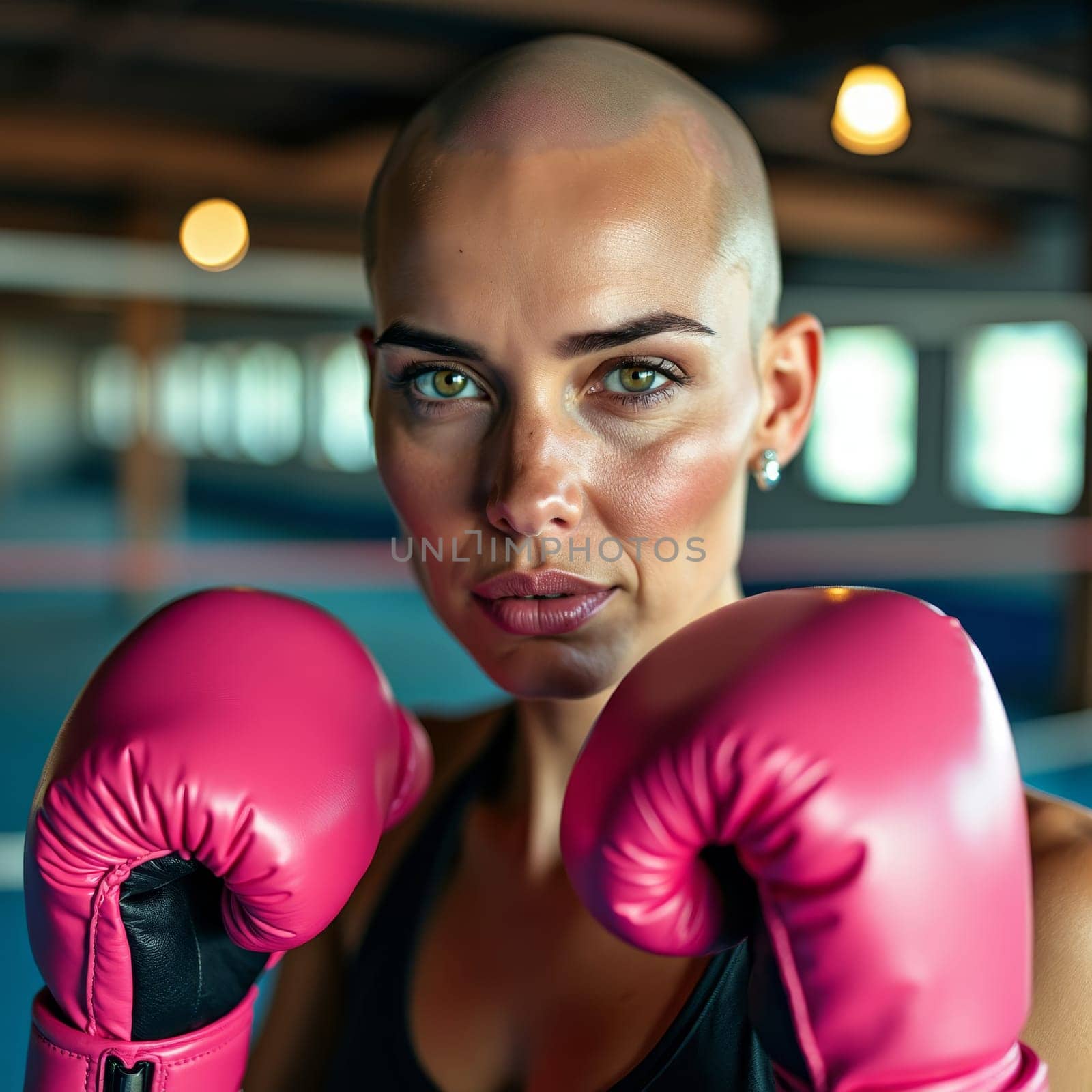 A determined woman with boxing gloves symbolizes strength and resilience in the fight against cancer.