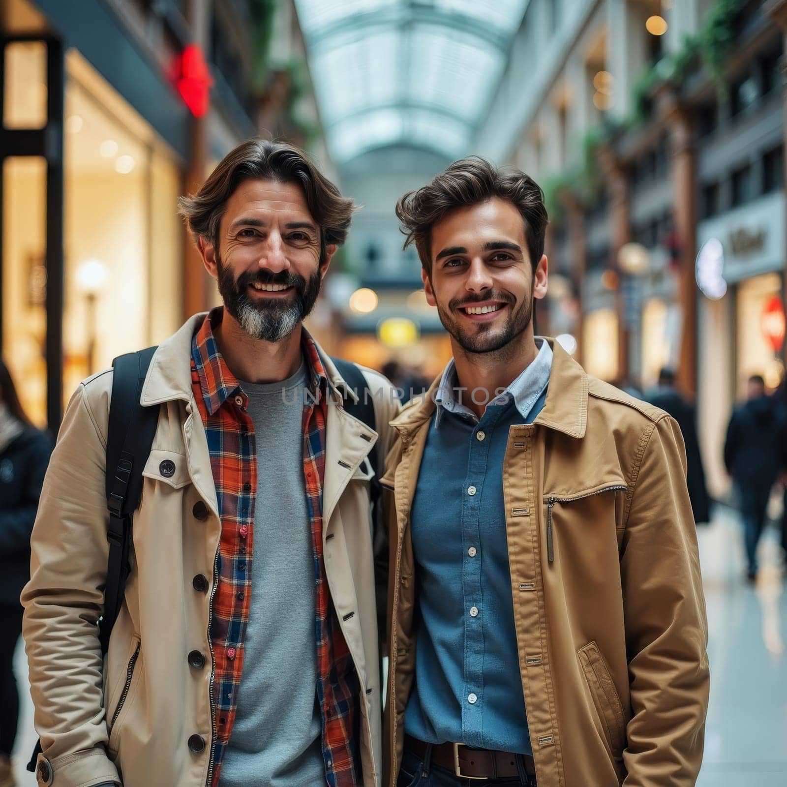 Two cheerful men of different ages smiling in a bright shopping mall, showcasing intergenerational friendship and casual fashion in a modern retail environment.