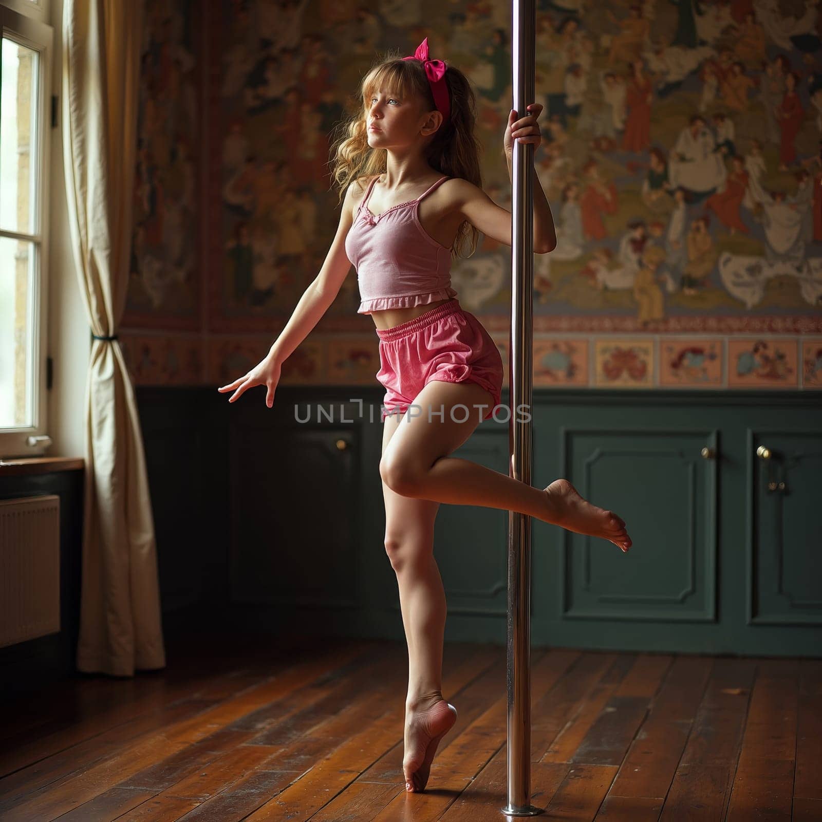 A young woman in pink attire performs a graceful pole dance move in a room with vintage decor, showcasing strength, flexibility, and artistry.