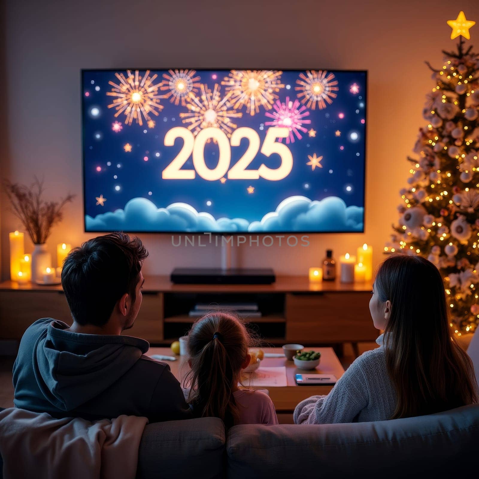 Family watching New Year 2025 fireworks display on TV, surrounded by festive decorations and candles, creating a cozy holiday atmosphere at home.