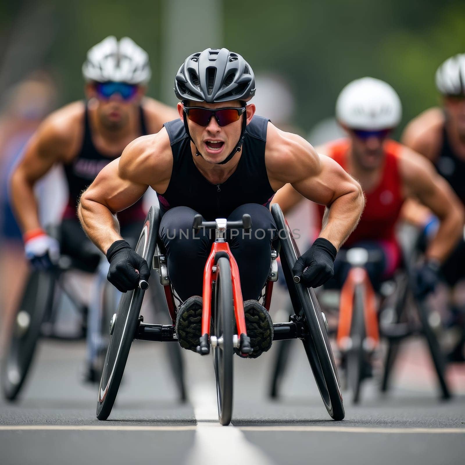 Muscular para athlete in racing wheelchair competing intensely during marathon, showcasing strength, determination, and inclusive sports in action.