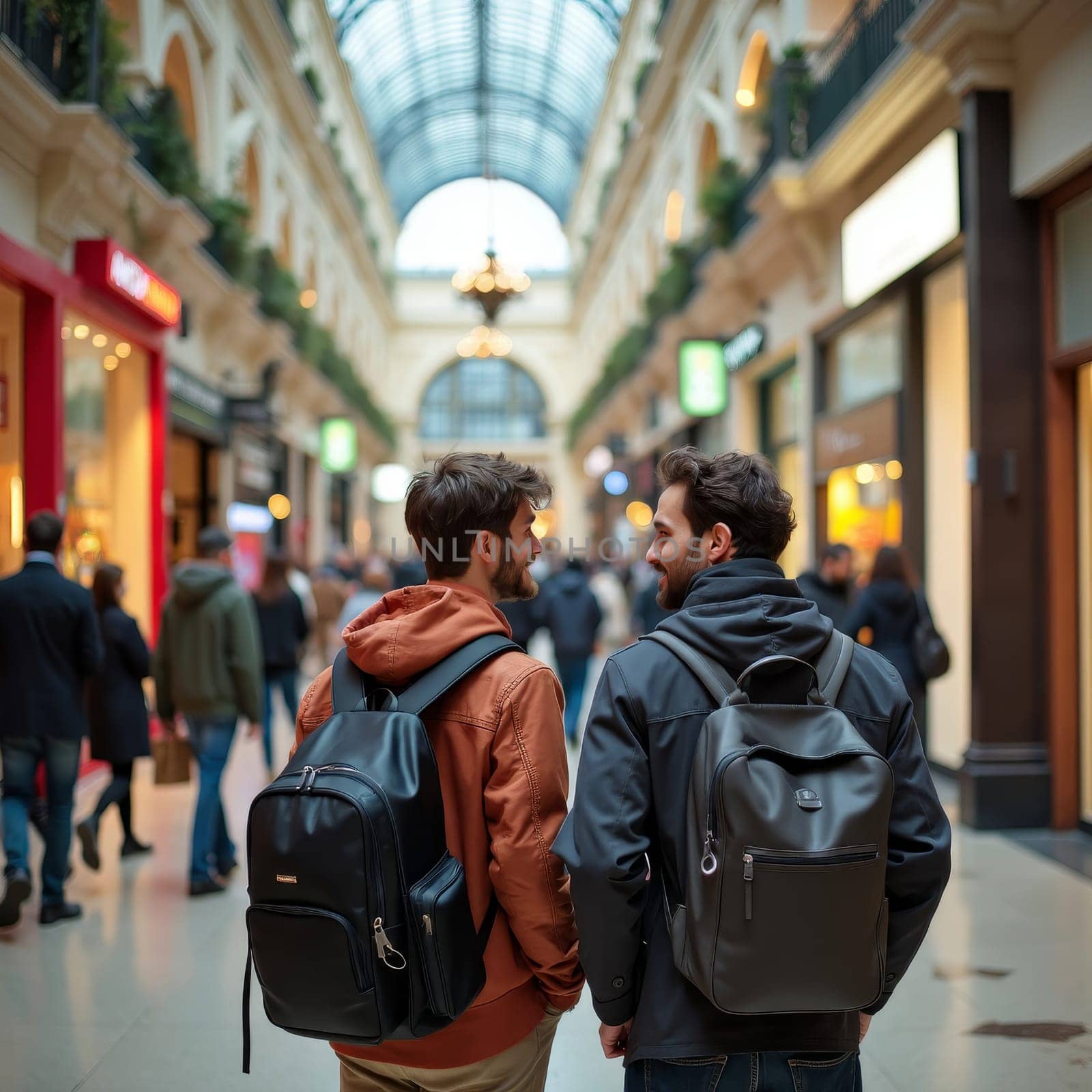 Two men enjoying a casual stroll through a modern shopping mall, carrying backpacks and engaging in friendly conversation.