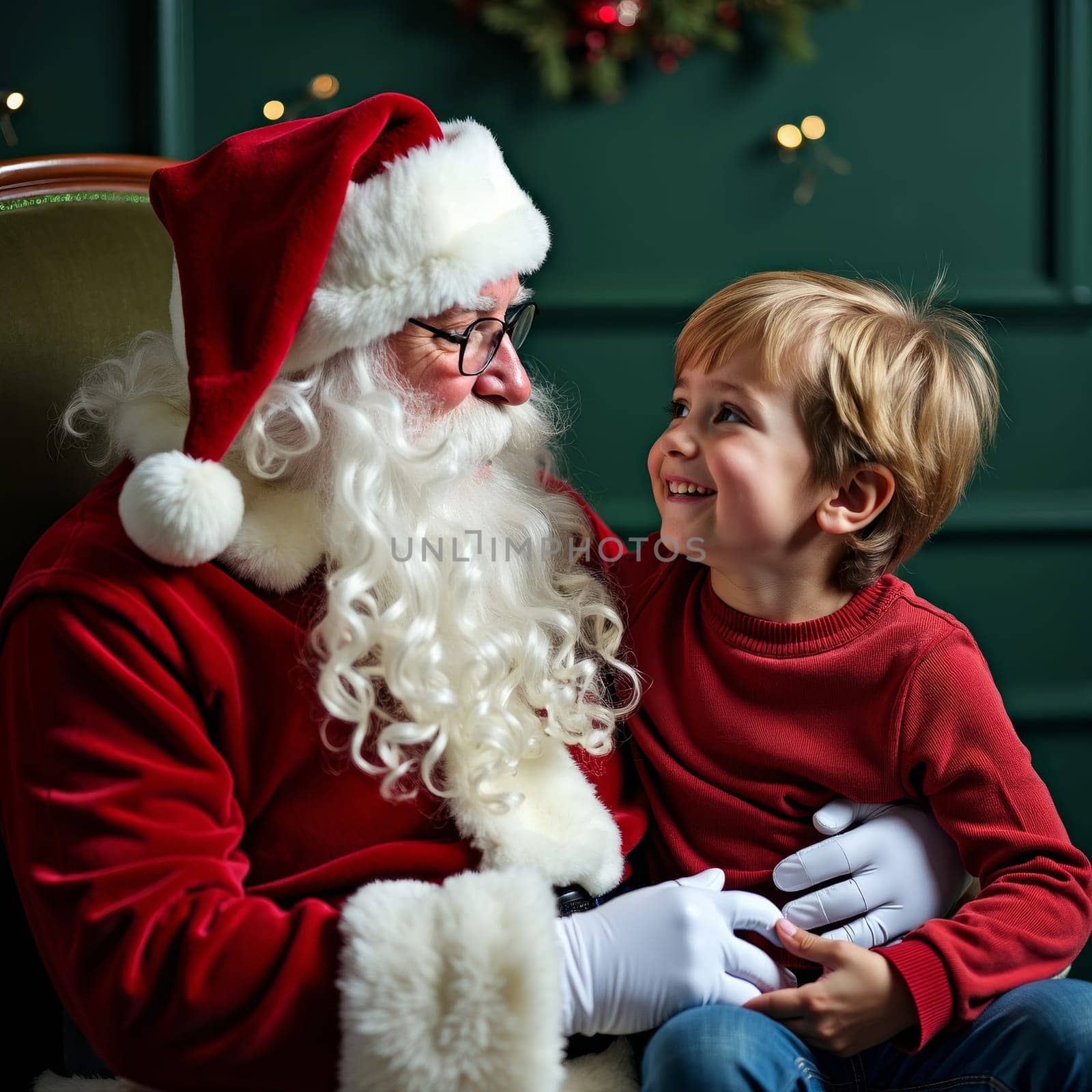 Smiling young boy sitting on Santa's lap, both dressed in red, sharing a heartwarming moment during Christmas celebration with festive decorations in background.