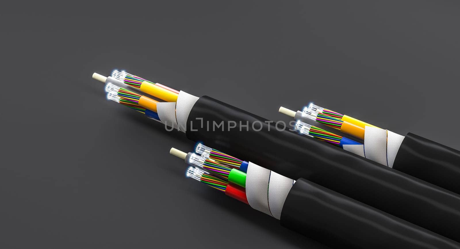 3d rendering  fiber optic cables  luminous ends on dark background