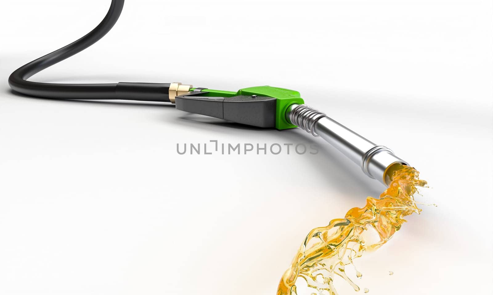 Green fuel nozzle pouring gasoline on white background 3d