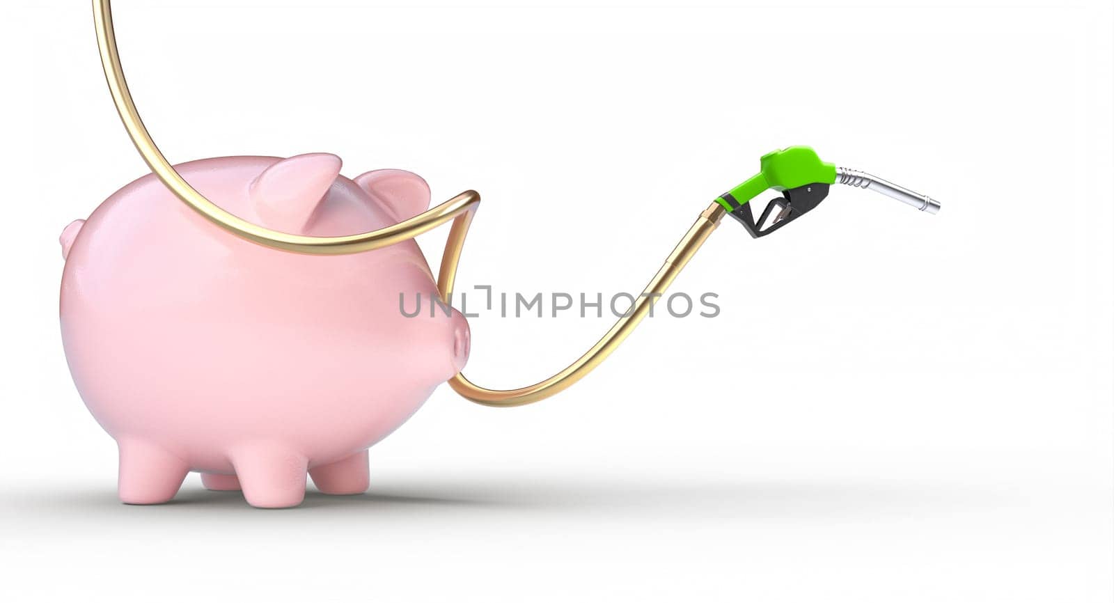 Piggy bank golden gas pump nozzle symbolizing high fuel prices 3d
