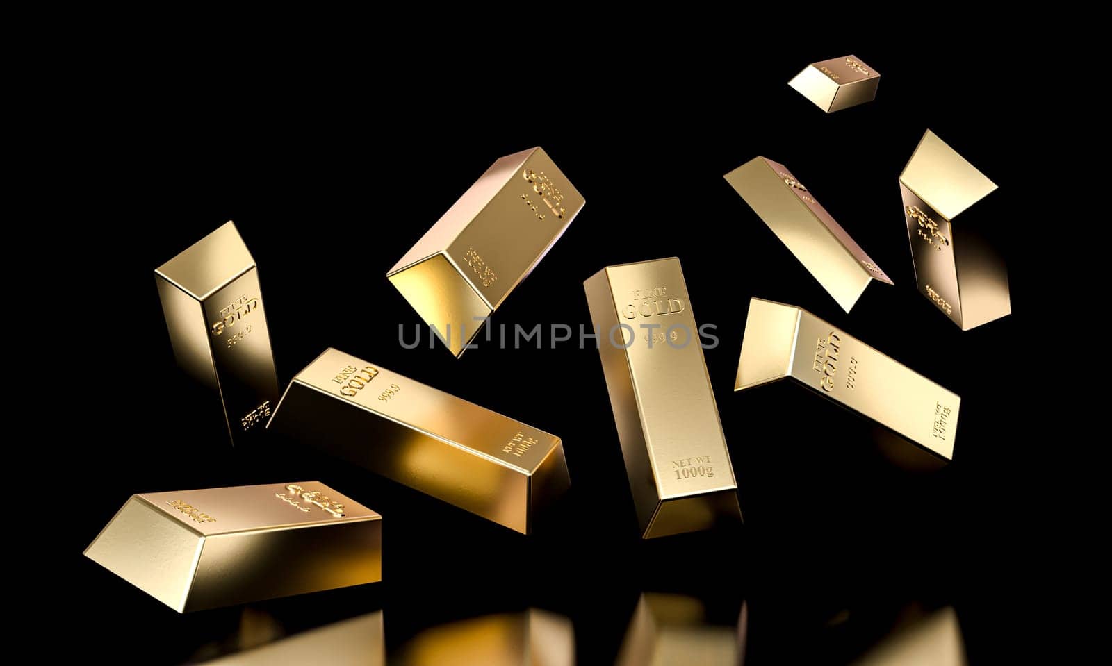 Shiny gold bars falling down on black background success concept 3d
