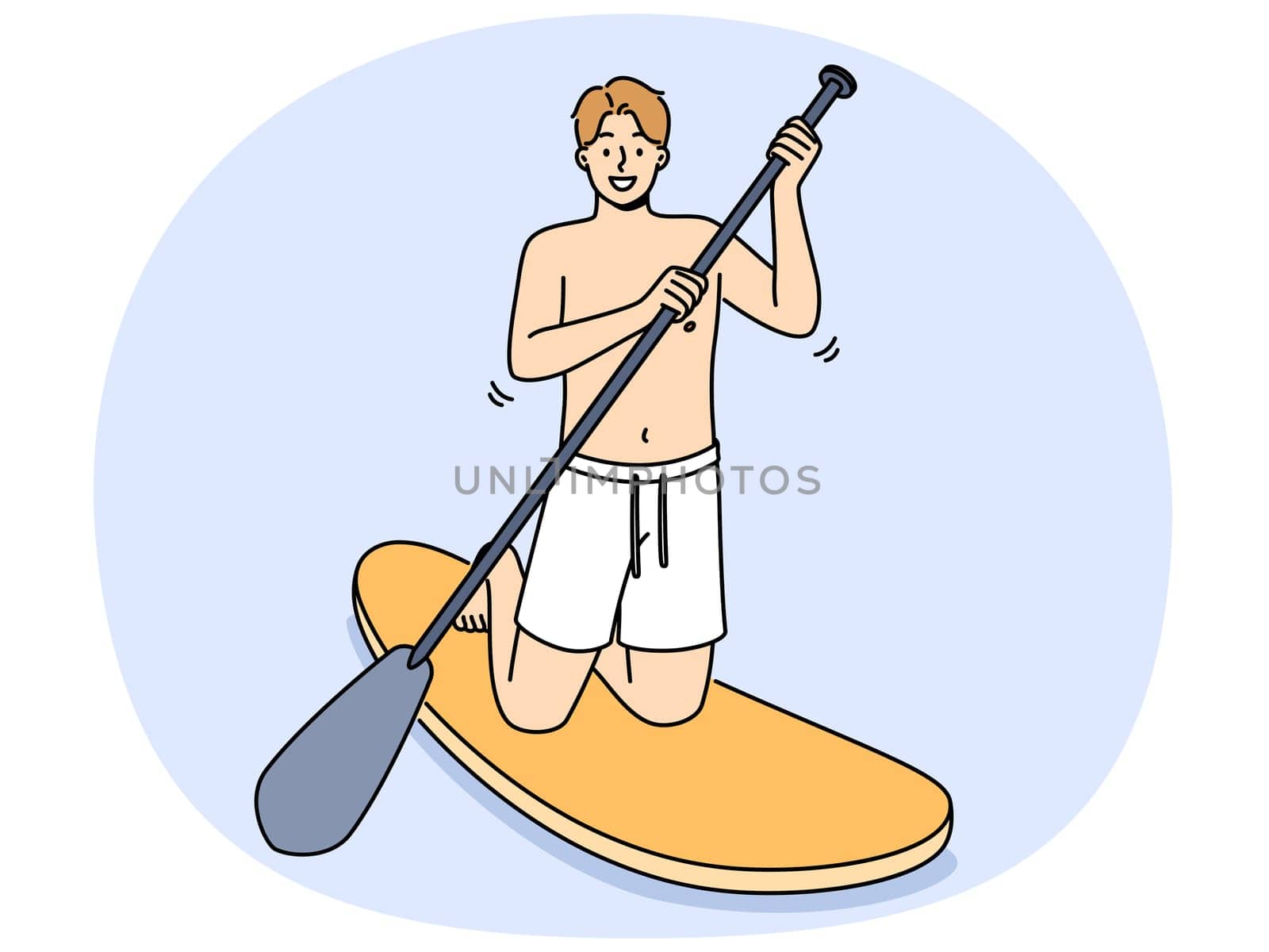 Man rides sup board with oar in hands and smiling looks at screen, encouraging exercise water sports. Guy swims on sup board enjoying active lifestyle, and possibility of visiting sea or ocean