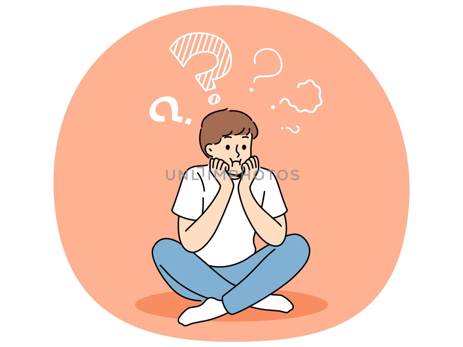 Thoughtful boy sits with sad face and questions above head, thinking about how to spend holidays. Teenager child is trying to remember forgotten information, or to find answers to questions.