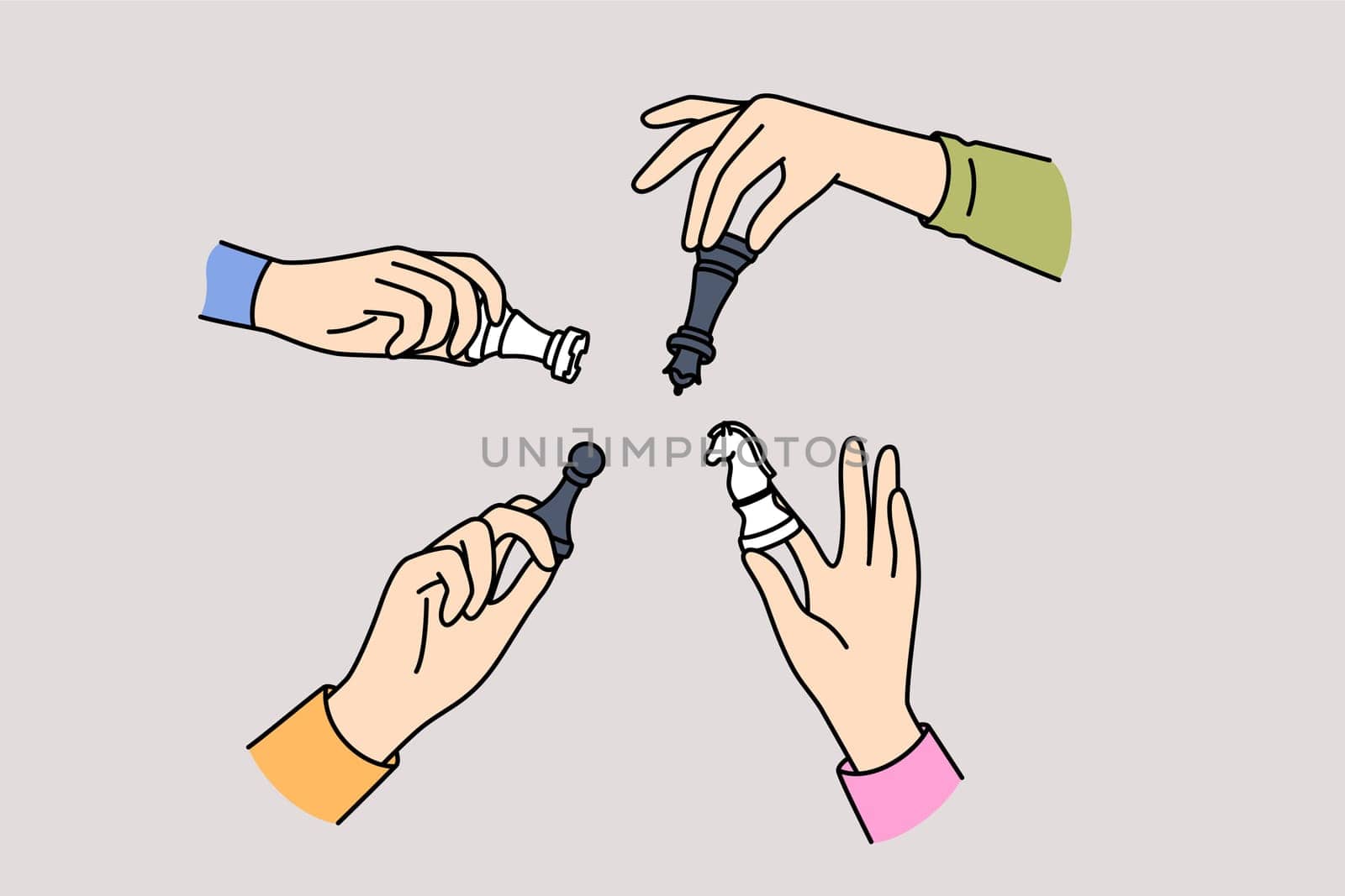 Chess in hands of people from opposing teams, as concept of strategic confrontation between rivals. Chess to develop strategic thinking and task planning skills to increase productivity