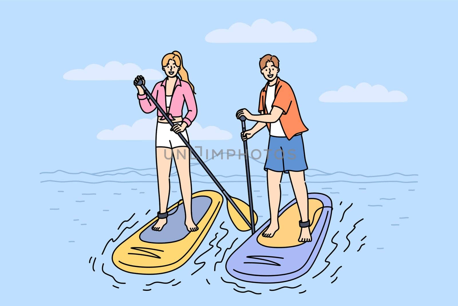 Surfing on SUP boards is practiced by man and woman using paddles to navigate river on summer weekend. Man and woman surfers stand on SUP boards, engage in active recreation at hot resort