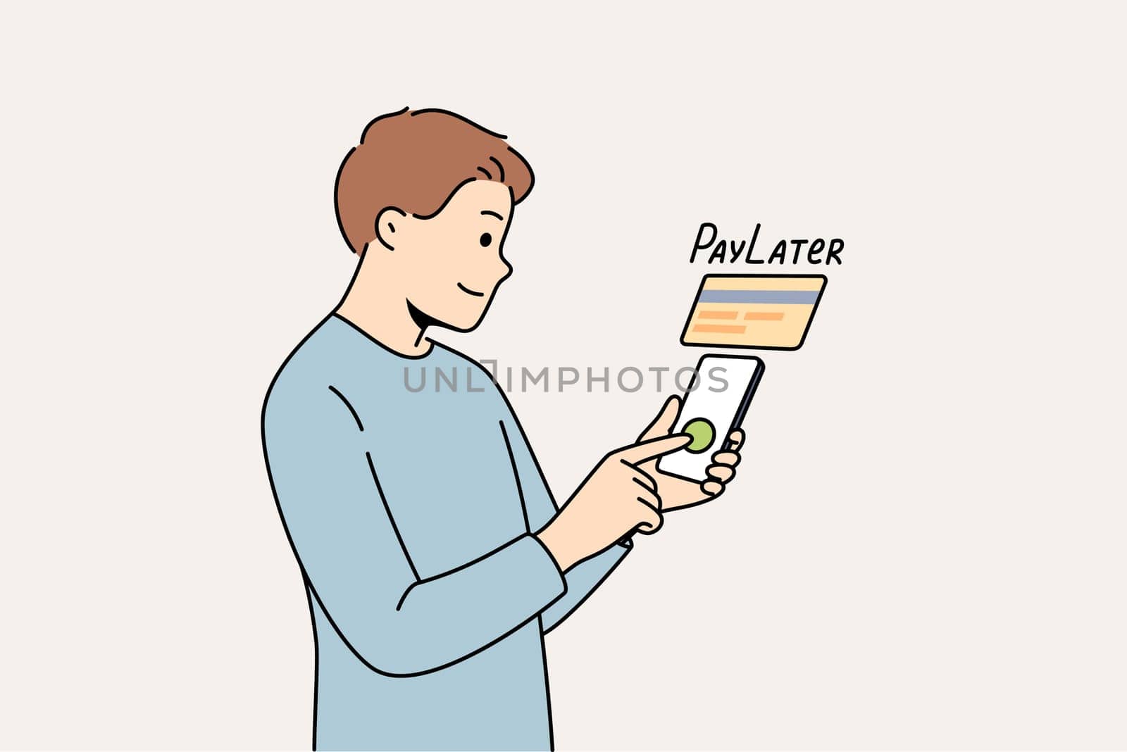 Man uses pay later function on phone while shopping online in application or ordering services. Financial technologies and banking for smartphones, with possibility of pay later to attract clients